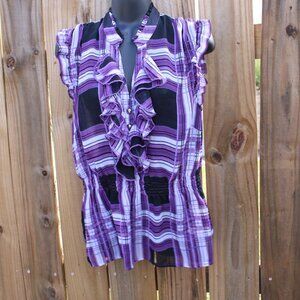 Paper Tee Purple Plaid Ruffle Blouse Sleeveless Sheer Top XL